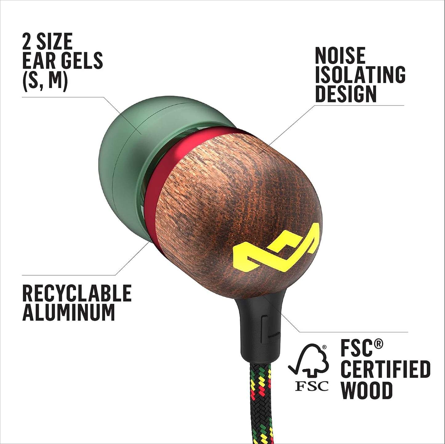 Smile Jamaica Wired: Wired Earphones with Microphone, Noise Isolating Design, and Sustainable Materials (Rasta)